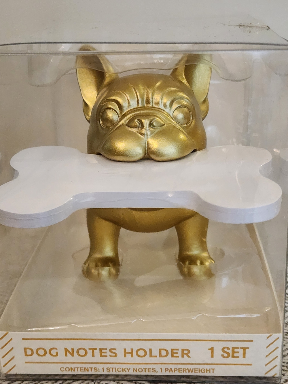 Gold French Bulldog Dog Notes Holder Sticky Note & Paperweight NIB